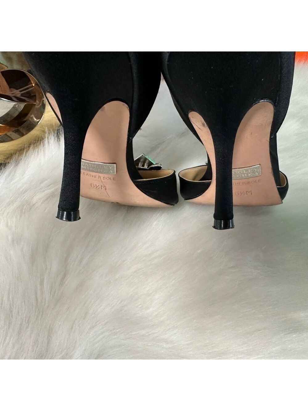 BADGLEY MISCHKA BLACK SATIN D’ORSAY OPEN TOE RHINESTONE EMBELLISHED HEELS 6.5M - Picture 6 of 9